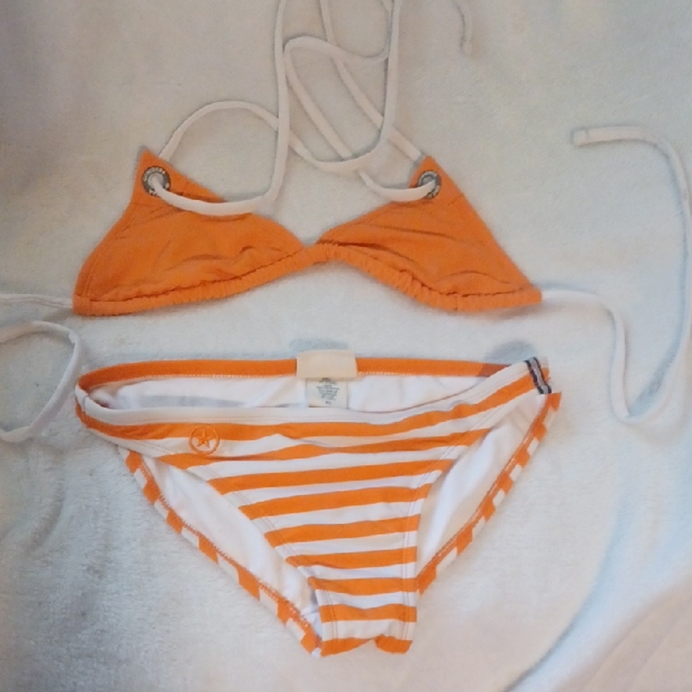 Orange and White Striped Bikini Set